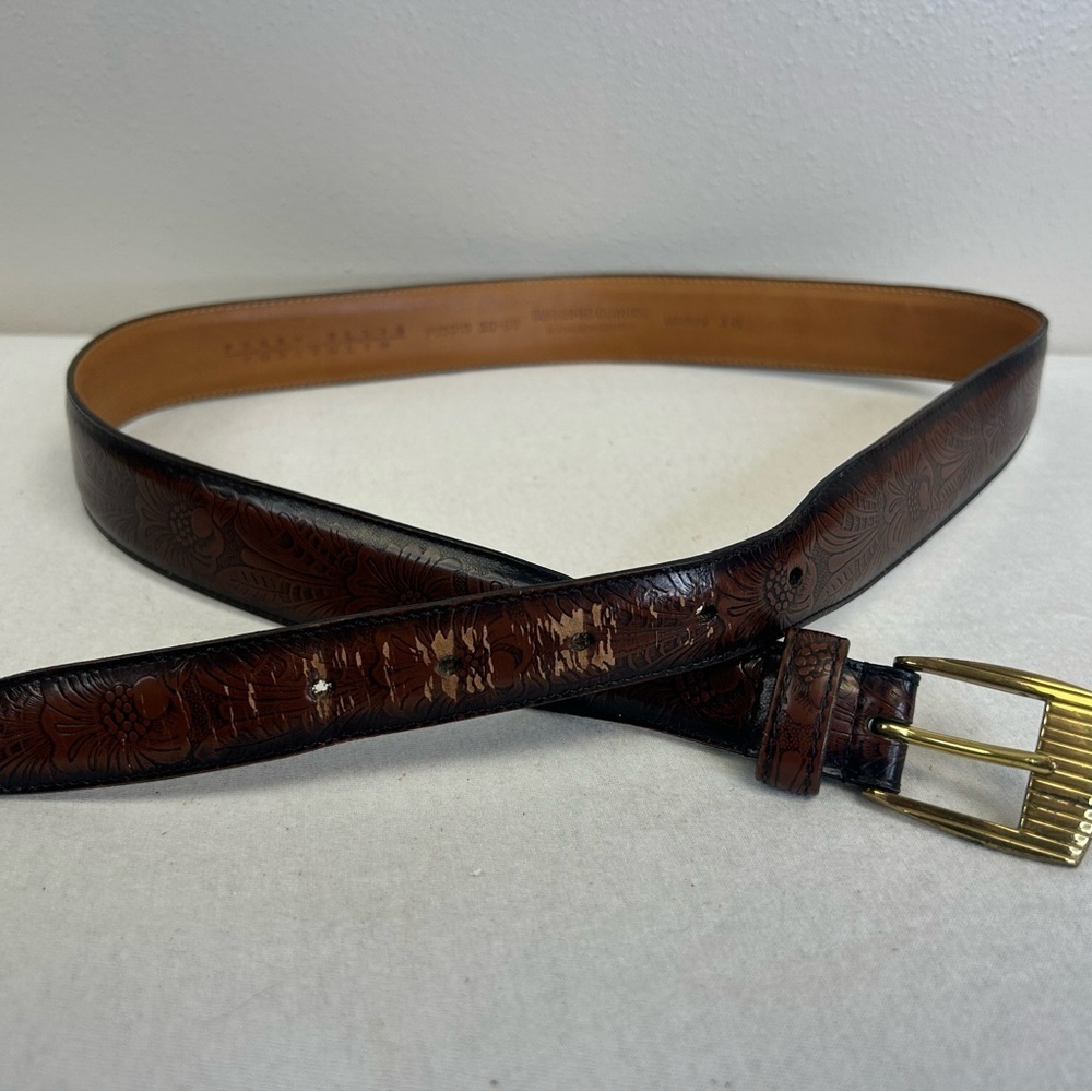 Perry Ellis 36 Brown Embossed Leather Belt with Gold Buckle Cowhide Floral - Picture 2 of 8